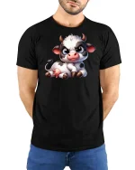 Cute Grumpy Cow Cartoon Graphic T-Shirt - model wearing black tee with hands behind back
