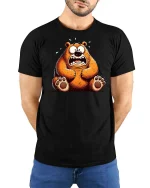 Funny Scared Bear Cartoon Graphic T-Shirt - model wearing black tee with hands behind back