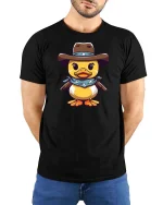 Cute Cowboy Duck Cartoon Graphic T-Shirt - model wearing black tee with hands behind back