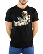 Reading Astronaut Space Graphic T-Shirt - model wearing black tee with hands behind back