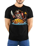 Funny Pirate Mouse Cheese Boat Graphic T-Shirt - model wearing black tee with hands behind back