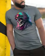 Neon Skull Biker Graphic T-Shirt - model wearing grey tee, leaning on column