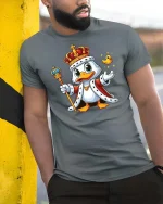 King Duck Cartoon Royal Graphic T-Shirt - model wearing grey tee, leaning on column