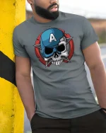 Patriotic Skull Shield Graphic T-Shirt - model wearing grey tee, leaning on column