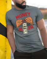 Money Maker Cash Graphic T-Shirt - model wearing grey tee, leaning on column