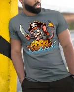 Funny Pirate Mouse Cheese Boat Graphic T-Shirt - model wearing grey tee, leaning on column
