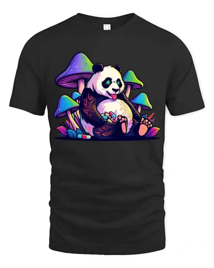 Trippy Panda Mushroom T-Shirt Psychedelic Animal Graphic Tee - black t-shirt on white background