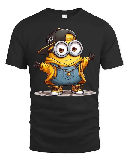 Cool Cartoon Minion Style T-Shirt Funny Yellow Character Tee - black t-shirt on white background