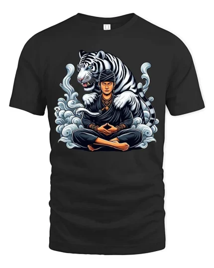 Meditating Warrior Tiger T-Shirt Zen Spirit Animal Art Tee - black t-shirt on white background