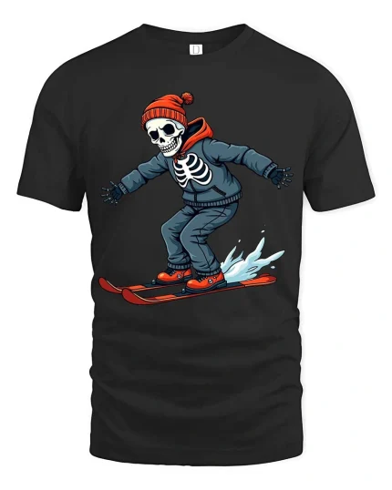 Funny Skeleton Skiing T-Shirt Cool Winter Sports Graphic - black t-shirt on white background