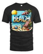 Beach Vacation T-Shirt Summer Beach Scene Graphic Tee - black t-shirt on white background