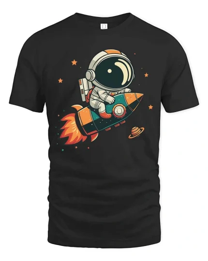 Cute Astronaut Rocket T-Shirt Space Adventure Graphic Tee - black t-shirt on white background