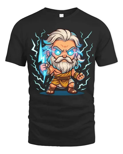Cute Zeus Lightning T-Shirt Greek God Cartoon Thunder Tee - black t-shirt on white background