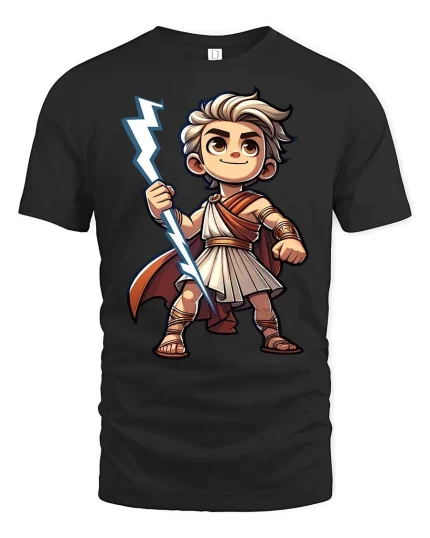 Cute Zeus Cartoon T-Shirt Greek Mythology Lightning Tee - black t-shirt on white background