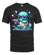 Cute Turtle Water Gun T-Shirt Funny Turtle Cartoon Tee - black t-shirt on white background