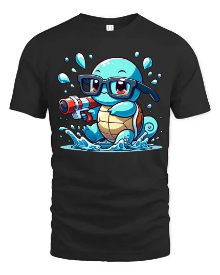 Cute Turtle Water Gun T-Shirt Funny Turtle Cartoon Tee - black t-shirt on white background