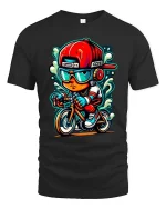 Cool Kid Biker T-Shirt Street Style Cartoon Bike Rider Tee - black t-shirt on white background