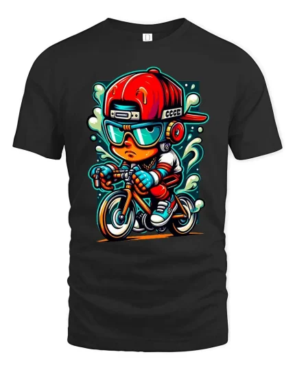 Cool Kid Biker T-Shirt Street Style Cartoon Bike Rider Tee - black t-shirt on white background