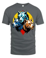 Three Wolf Head T-Shirt Fierce Wolf Pack Graphic Animal Tee - gray t-shirt on white background