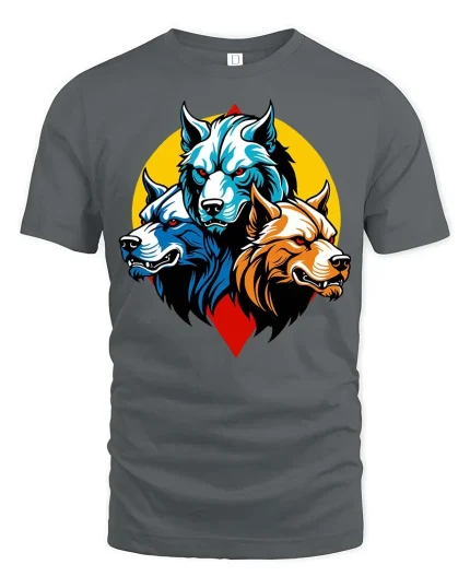 Three Wolf Head T-Shirt Fierce Wolf Pack Graphic Animal Tee - gray t-shirt on white background