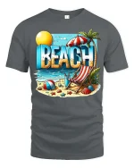 Beach Vacation T-Shirt Summer Beach Scene Graphic Tee - gray t-shirt on white background