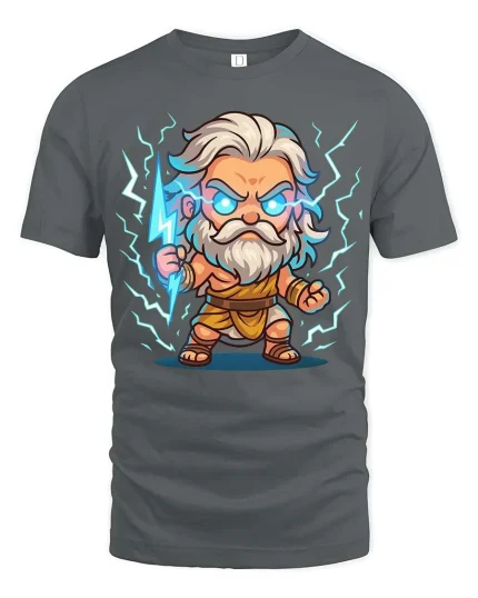 Cute Zeus Lightning T-Shirt Greek God Cartoon Thunder Tee - gray t-shirt on white background