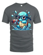 Cute Turtle Water Gun T-Shirt Funny Turtle Cartoon Tee - gray t-shirt on white background