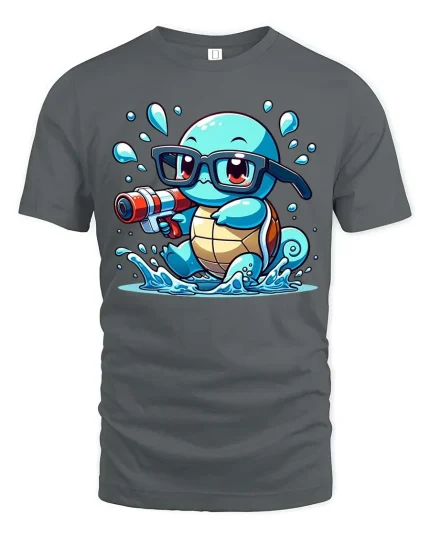 Cute Turtle Water Gun T-Shirt Funny Turtle Cartoon Tee - gray t-shirt on white background