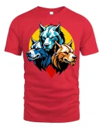 Three Wolf Head T-Shirt Fierce Wolf Pack Graphic Animal Tee - red t-shirt on white background