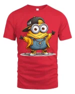 Cool Cartoon Minion Style T-Shirt Funny Yellow Character Tee - red t-shirt on white background