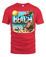 Beach Vacation T-Shirt Summer Beach Scene Graphic Tee - red t-shirt on white background