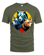 Three Wolf Head T-Shirt Fierce Wolf Pack Graphic Animal Tee - military green t-shirt on white background