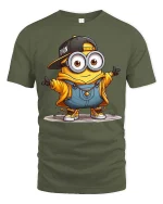 Cool Cartoon Minion Style T-Shirt Funny Yellow Character Tee - military green t-shirt on white background