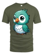 Cute Blue Bird T-Shirt Adorable Cartoon Bird Graphic Tee - military green t-shirt on white background