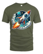 Retro Rocket T-Shirt Space Rocket Launch Cartoon Tee Gift - military green t-shirt on white background