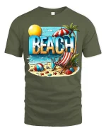 Beach Vacation T-Shirt Summer Beach Scene Graphic Tee - military green t-shirt on white background