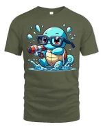 Cute Turtle Water Gun T-Shirt Funny Turtle Cartoon Tee - military green t-shirt on white background