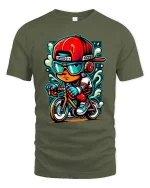 Cool Kid Biker T-Shirt Street Style Cartoon Bike Rider Tee - military green t-shirt on white background