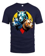 Three Wolf Head T-Shirt Fierce Wolf Pack Graphic Animal Tee - navy t-shirt on white background