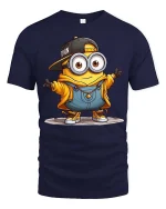Cool Cartoon Minion Style T-Shirt Funny Yellow Character Tee - navy t-shirt on white background