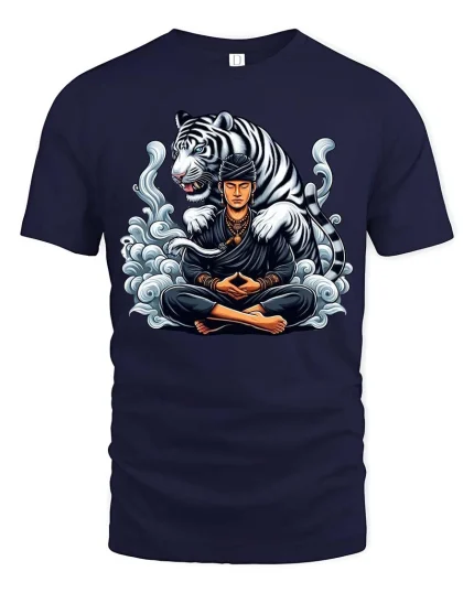 Meditating Warrior Tiger T-Shirt Zen Spirit Animal Art Tee - navy t-shirt on white background