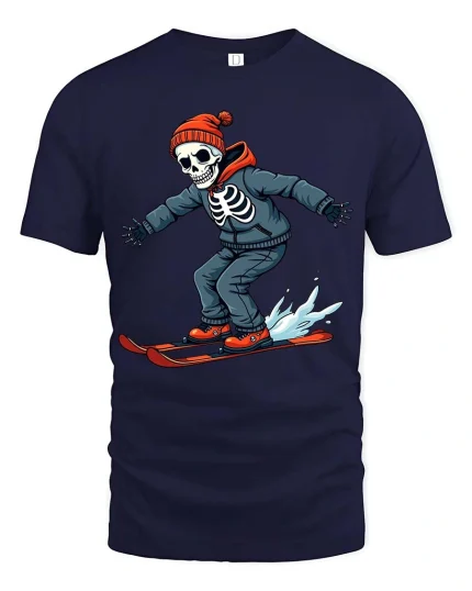 Funny Skeleton Skiing T-Shirt Cool Winter Sports Graphic - navy t-shirt on white background