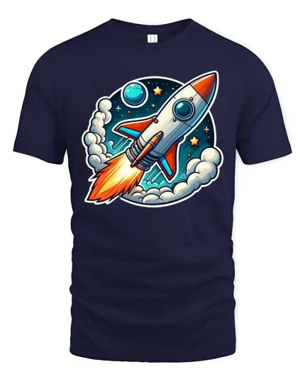 Retro Rocket T-Shirt Space Rocket Launch Cartoon Tee Gift - navy t-shirt on white background