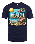 Beach Vacation T-Shirt Summer Beach Scene Graphic Tee - navy t-shirt on white background