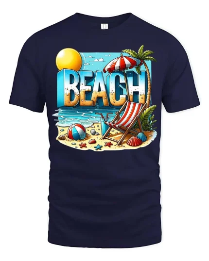 Beach Vacation T-Shirt Summer Beach Scene Graphic Tee - navy t-shirt on white background
