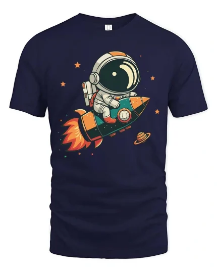 Cute Astronaut Rocket T-Shirt Space Adventure Graphic Tee - navy t-shirt on white background