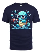 Cute Turtle Water Gun T-Shirt Funny Turtle Cartoon Tee - navy t-shirt on white background