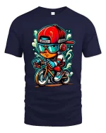 Cool Kid Biker T-Shirt Street Style Cartoon Bike Rider Tee - navy t-shirt on white background