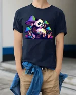 Trippy Panda Mushroom T-Shirt Psychedelic Animal Graphic Tee - model wearing navy tee with hands in pockets