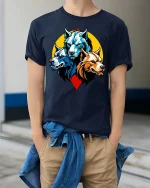 Three Wolf Head T-Shirt Fierce Wolf Pack Graphic Animal Tee - model wearing navy tee with hands in pockets